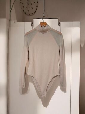 SHEIN Women's Beige Mesh Patchwork Mock-Neck Long Sleeve Bodysuit Large